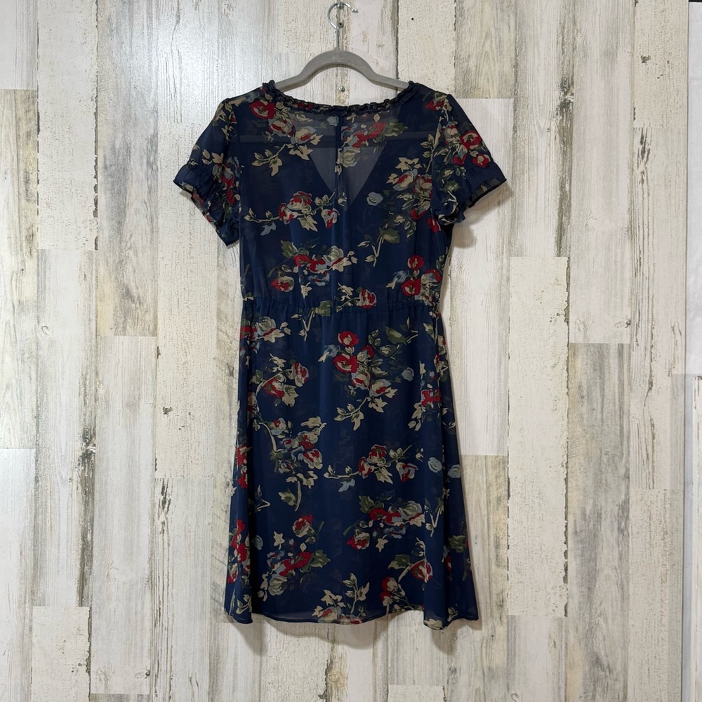 Sheer Mini Dress Cinched Waist Small Ruffle Details Neckline in Floral Navy - Picture 5 of 7